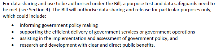 Particular purposes for which data can be shared.