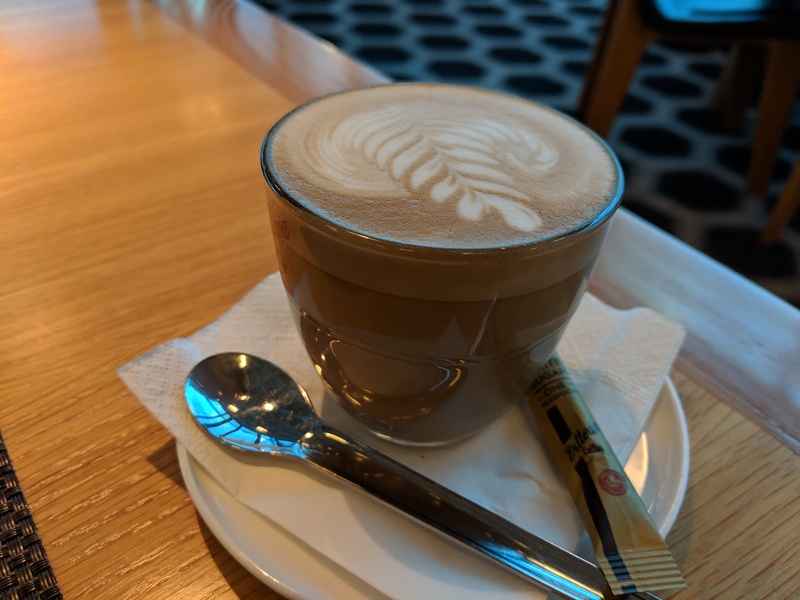 A coffee at the Qantas lounge in Melbourne, Australia.