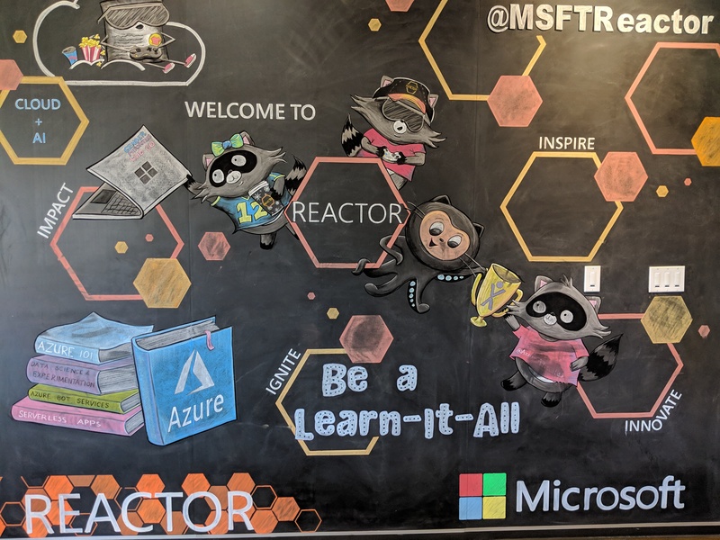 A wall display at the Microsoft Reactor building (Building 20) at Microsoft's Redmond, WA campus.